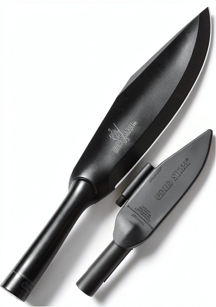 Cold Steel Bushman knife displayed with sheath and fire steel on a rocky outdoor surface
