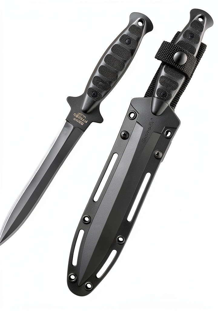 Cold Steel Drop Forged Wasp Dagger with Secure-Ex sheath on a workbench