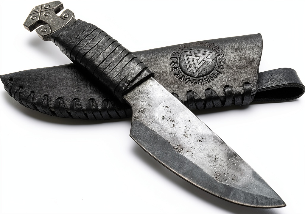 Toferner Viking knife displayed with leather sheath